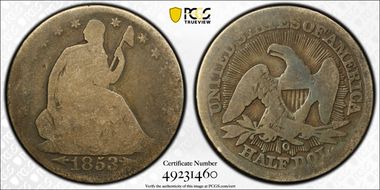 1853-O 50C Arrows and Rays AG3