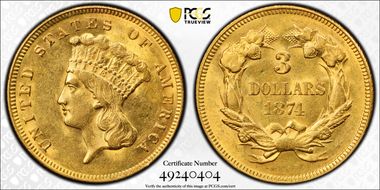 1874 $3 AU58