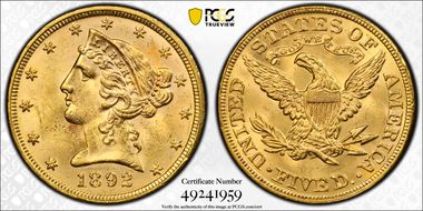 1892 $5 MS63