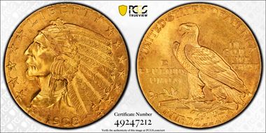 1908 $5 Indian MS64+ 