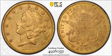1869-S $20 AU55