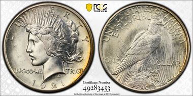 1921 $1 High Relief, Peace MS64