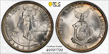 1945-D 20C KM-182  Ag MS65