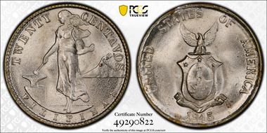 1945-D 20C KM-182  Ag MS65