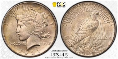 1921 $1 High Relief, Peace MS64