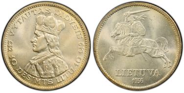 1936 10 Litu KM-83  Ag MS66