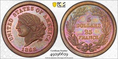 1868 $5 J-656 PR65RB