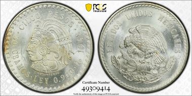1948-Mo 5 Peso Cuauhtemoc KM-465  Ag MS64