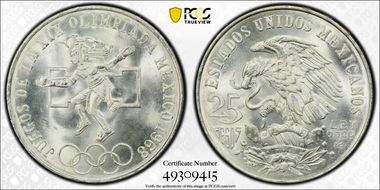 1968-Mo 25 Peso Olympic KM-479.1 Rings Align, Straight Tongue MS66