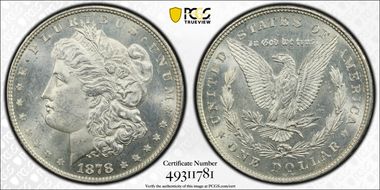 1878 8TF $1 VAM 8, Stick Feather MS62