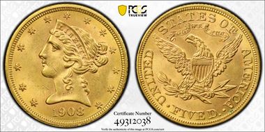 1908 $5 Liberty MS63