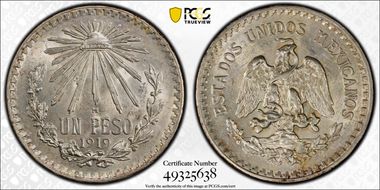 1919-M Peso KM-454  Ag AU58