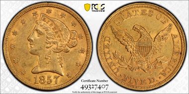 1857 $5 AU58