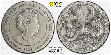 2024-P125 $2 Year of the Dragon 2oz Ag First Strike Antique Finish SP69
