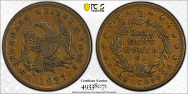 1837 Token HT-73, Half Cent VF30BN