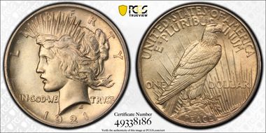 1921 $1 High Relief, Peace MS63