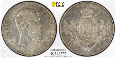 1867-Mo Peso Maximilian KM-388.1 AU58