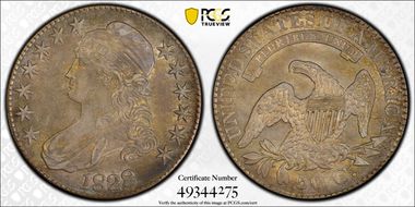 1828 50C Square Base 2, Large 8s AU55