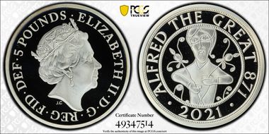 2021 £5 Alfred the Great Piedfort Ag PR70DCAM