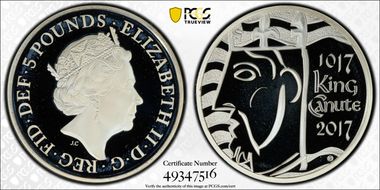 2017 £5 S-L50 King Canute Ag Piedfort PR69DCAM