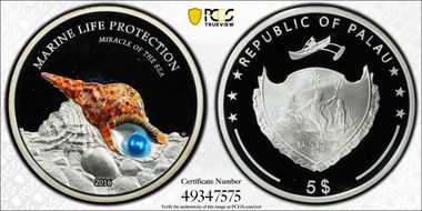 2016 $5 Triton Trumpet Blue Pearl Marine Life Protection PR69DCAM