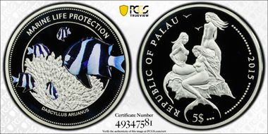 2015 $5 Whitetail Damselfish Marine Life Protection PR70DCAM