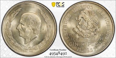 1953-Mo 5 Peso Hidalgo KM-467 Ag MS65