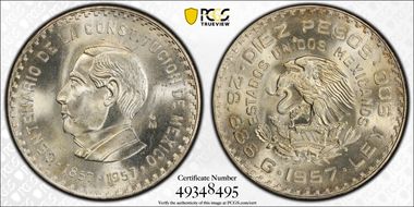 1957-Mo 10 Peso 100 Years - Constitution KM-475  Ag MS65