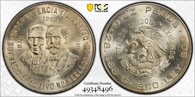 1960-Mo 10 Peso 150th Anniversary KM-476  Ag MS65