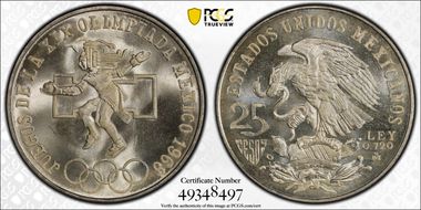 1968-Mo 25 Peso Olympic KM-479.1 Rings Align, Straight Tongue MS67