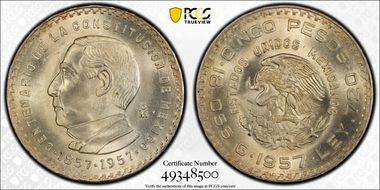 1957-Mo 5 Peso Constitution KM-470  Ag MS66