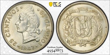 1947 25C KM-20 Ag AU58