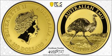 2018-P $100 Australian Emu Au MS70