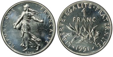 1991 1 Fr Gad-474 Frappe médaille MS67