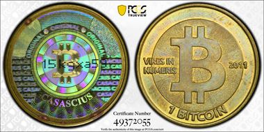 2011 1 BTC Casascius Bitcoin, Brass MS61