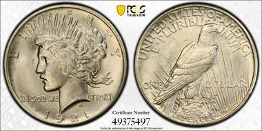 1921 $1 High Relief, Peace MS63