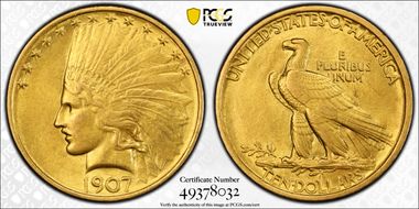 1907 $10 Indian AU55