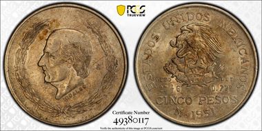 1951-Mo 5 Peso Hildago KM-467  Ag AU58