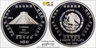1994-Mo 10 Peso Piramide del Castillo KM-576 PR68DCAM