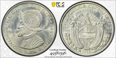 1953 1/2 B 50th Ann. Rep. of Panama KM-20  Ag MS67