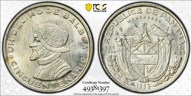 1953 1/10 B Rep. of Panama 50th Ann. KM-18  Ag MS63