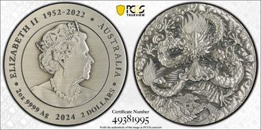 2024-P125 $2 Year of the Dragon 2oz Ag First Strike Antique Finish SP70