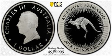 2024-P125 $1 Kangaroo Ag King Charles III First Issue PR70DCAM