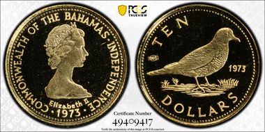 1973 $10 Independence - Tobacco Dove PR68DCAM