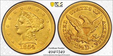 1854 $2.50 AU58