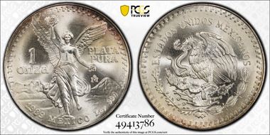 1989-Mo Onza Libertad Ag w/o Dot 999 MS68