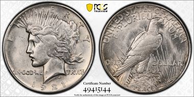 1921 $1 High Relief, Peace AU58