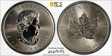 2023 $5 Maple Leaf Ag First Strike MS68