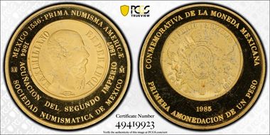 1985-Mo Medal Numismatic Society Au 1867 Maximiliano Peso SP66