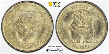 1951-Mo 5 Peso Hildago KM-467  Ag MS62